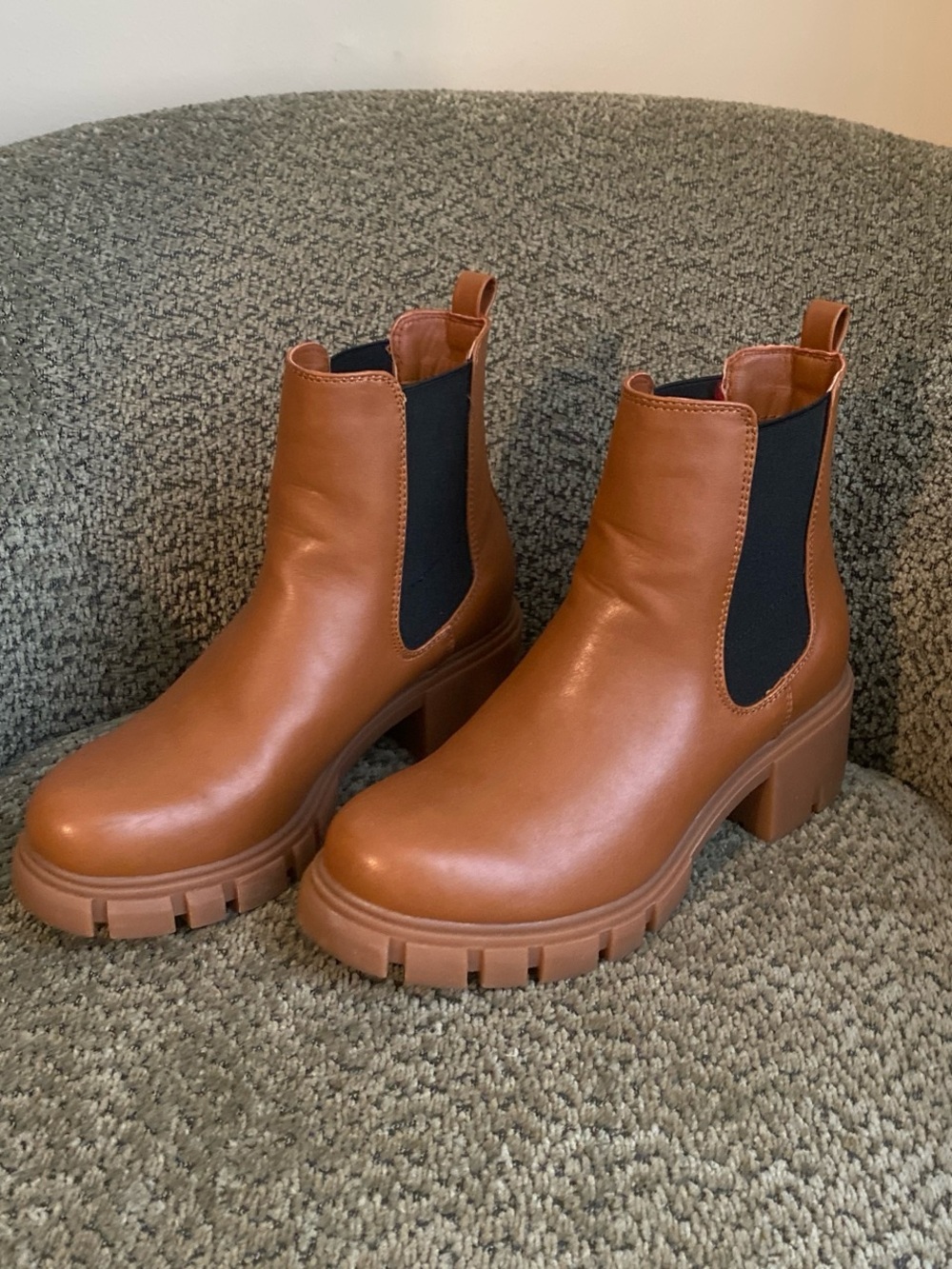Chelsea Lug Booties in Cognac Brown
